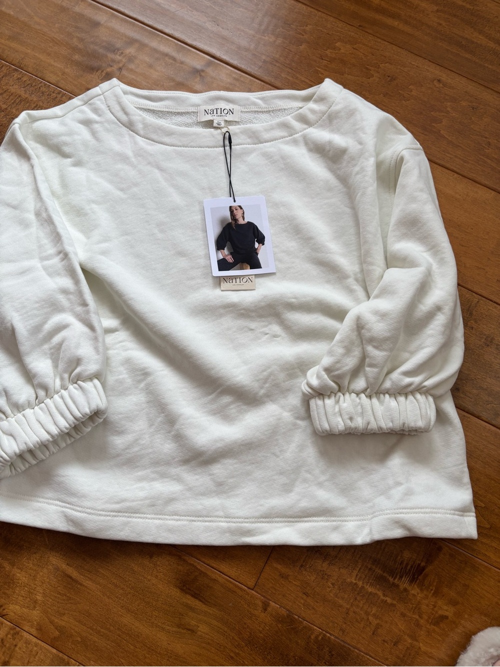 Nation LTD Ivory Top/Sweatshirt Ruched Sleeves Soft Comfy Cotton Terry NWT XS